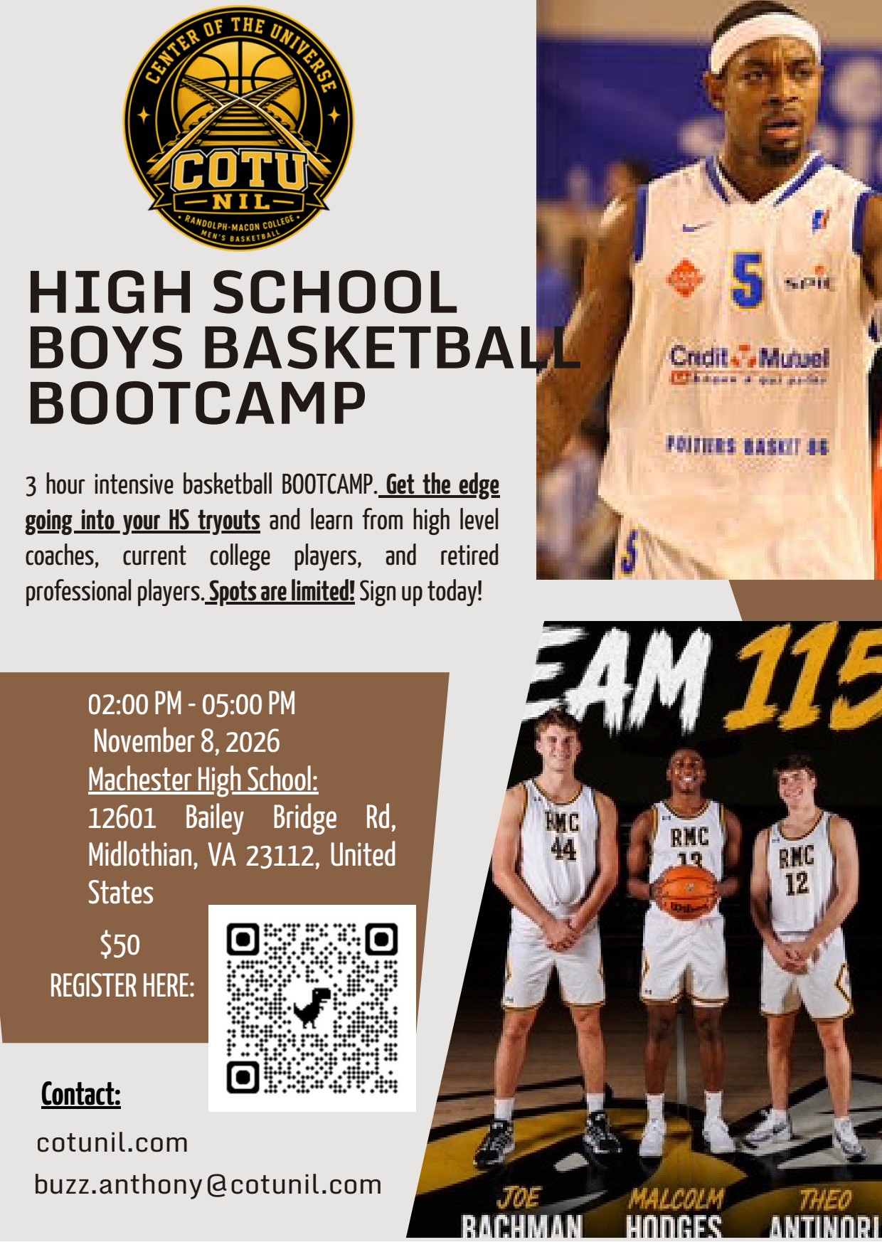 COTU NIL High School Boys Basketball Bootcamp flyer — November 8, 2026 at Manchester High School